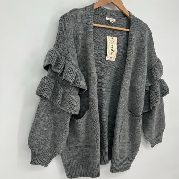 Love Sense Gray Cardigan Sz S NWT – Ruffle Statement Sleeves – Chunky Knit - Picture 2 of 7